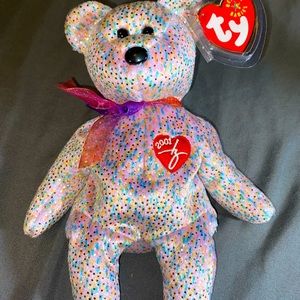 Vintage TY Beanie Baby 2001 Signature Bear Multicolor Pink Blue Sparkle